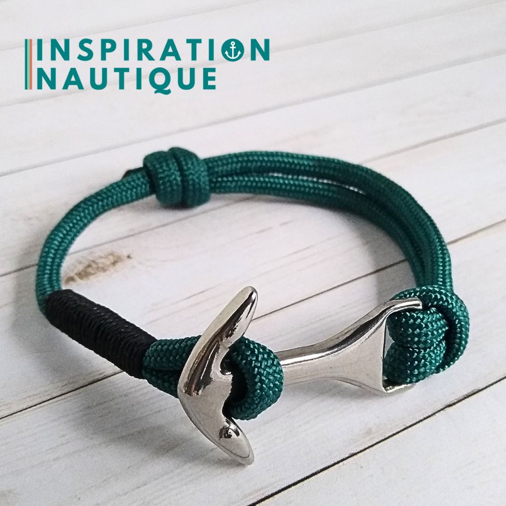 Bracelet marin avec ancre moyenne en paracorde 550 et acier inoxydable, ajustable, Sarcelle, surliure noire, Small