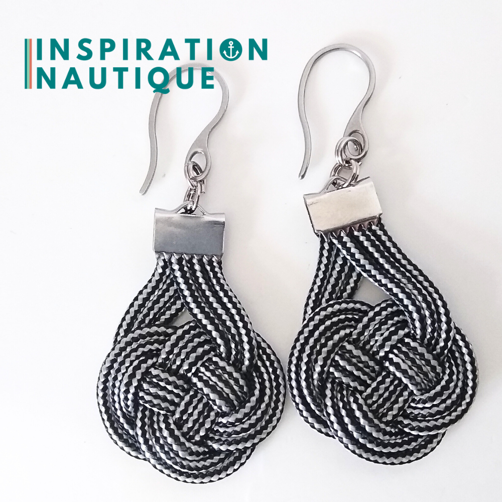 Boucles d'oreilles Double Coin Knot, Noir et argenté, ligné