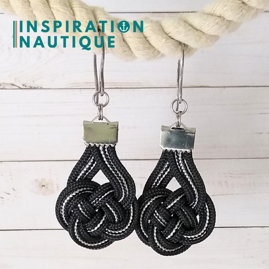 Boucles d'oreilles Double Coin Knot, Noir, et noir et argenté, ligné