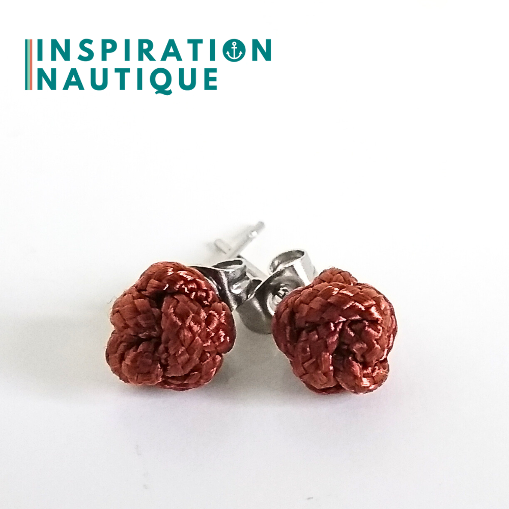 Boucles d'oreilles nautiques, boutons en noeud de sifflet de bosco, Rouille