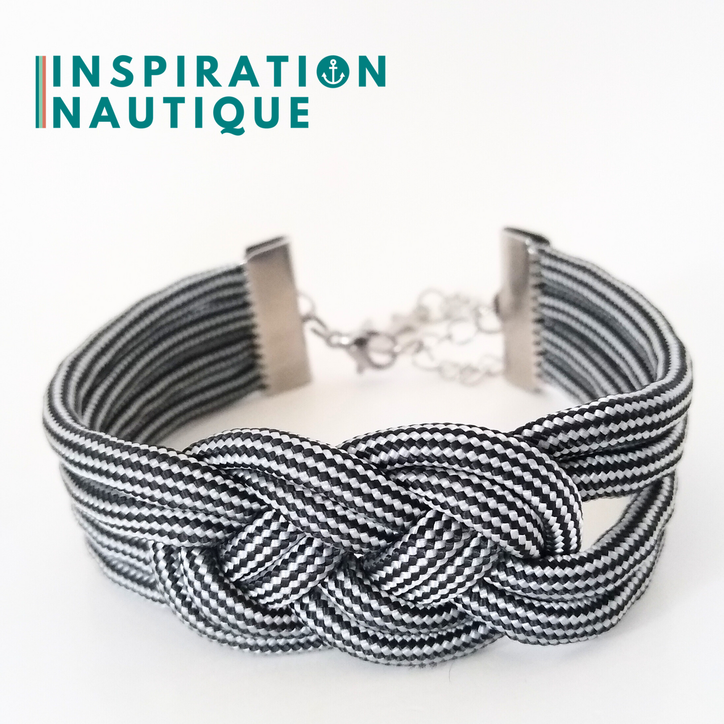 Bracelet marin avec noeud de carrick double unisexe, en paracorde 550 et acier inoxydable, Noir et argenté, ligné