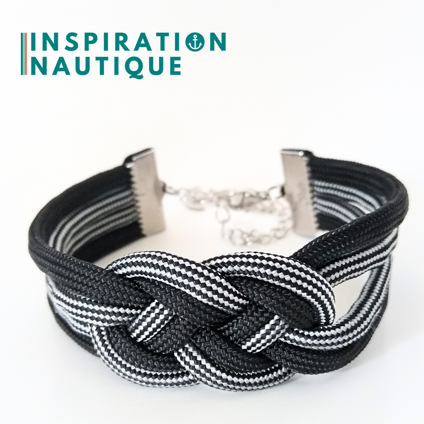 Bracelet marin avec noeud de carrick double unisexe, en paracorde 550 et acier inoxydable, Noir et noir et argenté, ligné