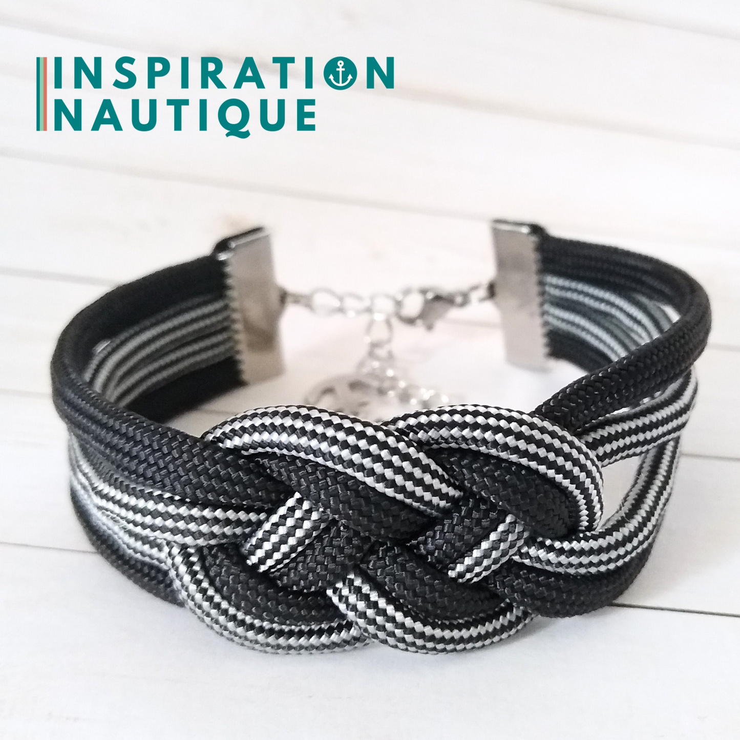 Bracelet marin avec noeud de carrick double, Noir et noir et argenté, ligné, Medium