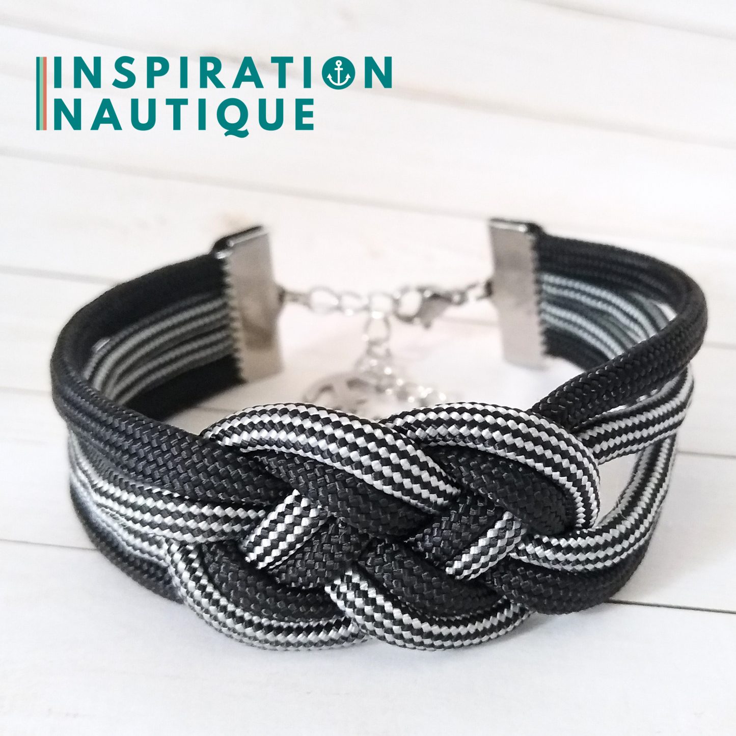 Bracelet marin avec noeud de carrick double unisexe, en paracorde 550 et acier inoxydable, Noir et noir et argenté, ligné