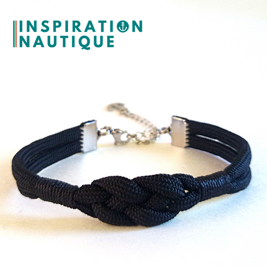 Bracelet marin avec noeud de carrick simple, en paracorde 550 et acier inoxydable, Noir, Surliures noires, Small