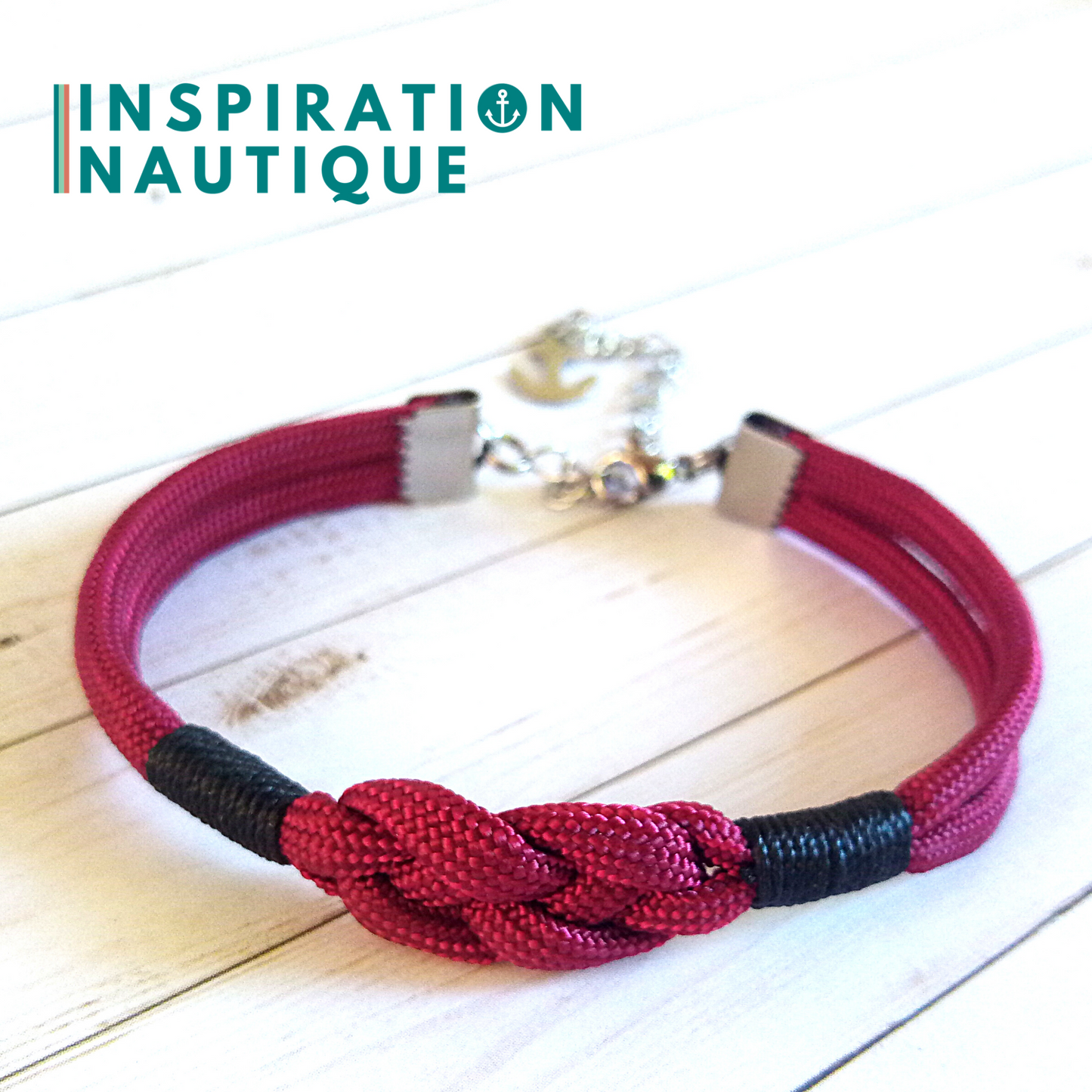 Bracelet marin avec noeud de carrick simple, en paracorde 550 et acier inoxydable, Bourgogne, Surliures noires, Medium