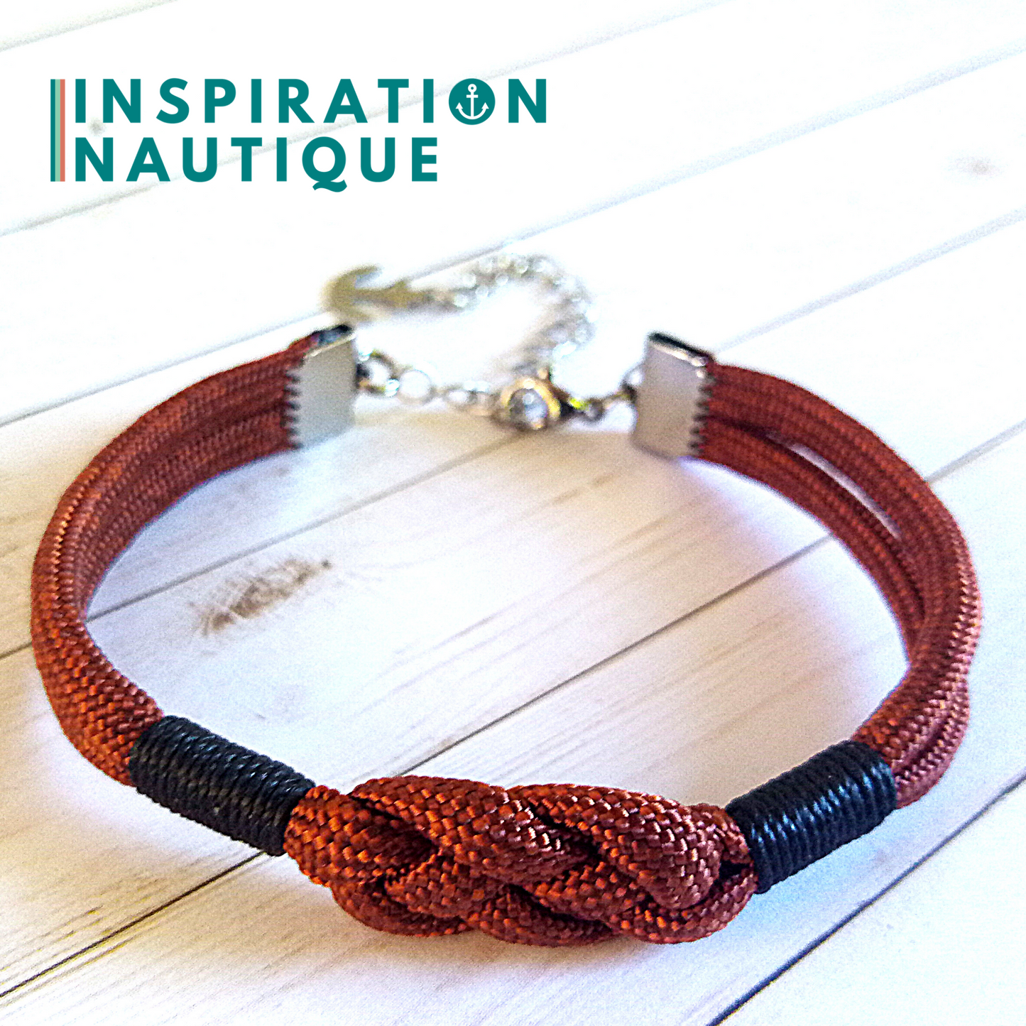Bracelet marin avec noeud de carrick simple, en paracorde 550 et acier inoxydable, Rouille, Surliures noires, Medium