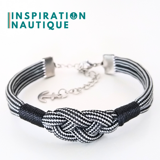 Bracelet marin avec noeud de carrick simple, noir et argenté, ligné, surliure noire, Medium