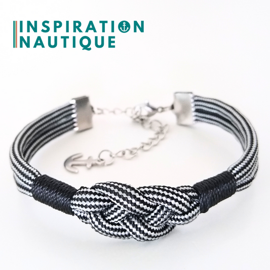 Bracelet marin avec noeud de carrick simple, noir et argenté, ligné, surliure noire