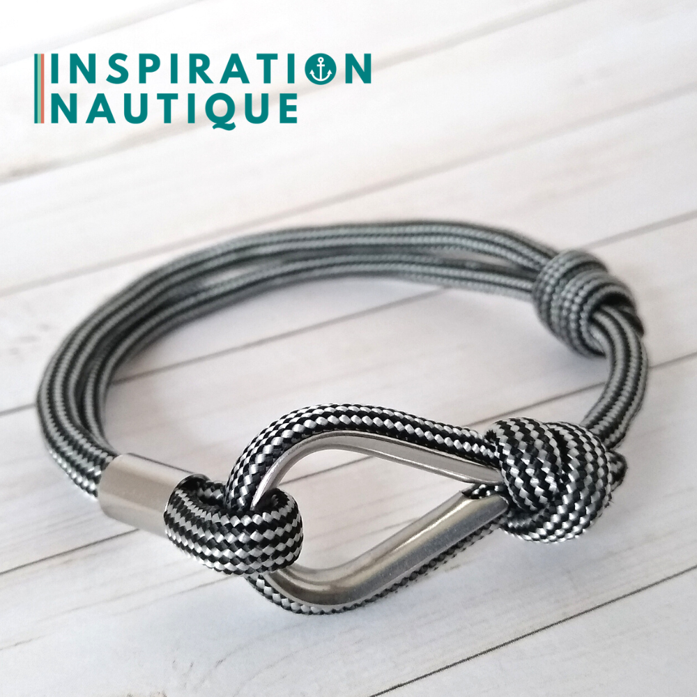 Bracelet marin avec cosse et noeud de pêcheur, Noir et argenté ligné, Medium