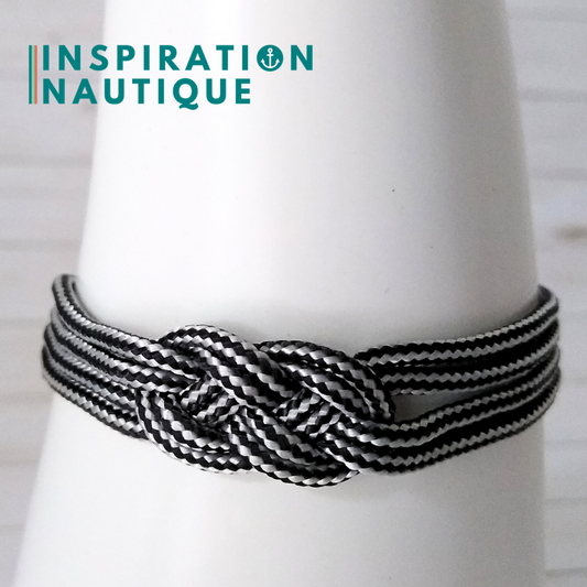 Bracelet marin avec mini noeud de carrick double, Noir et argenté ligné