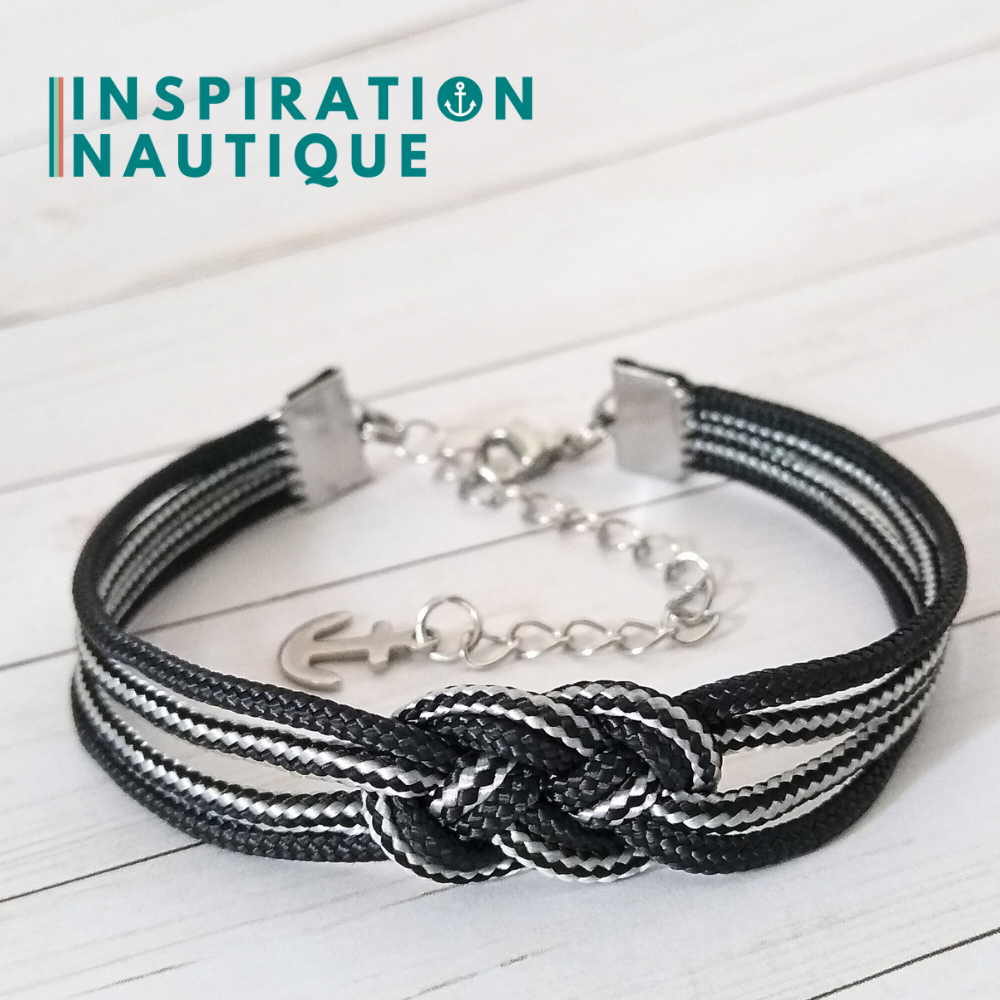Bracelet marin avec mini noeud de carrick double, Noir, et noir et argenté ligné, Medium