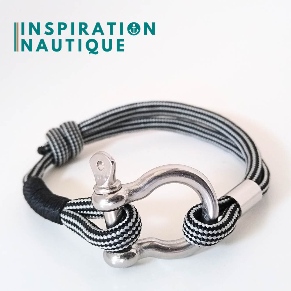 Bracelet marin avec manille en paracorde 550 et acier inoxydable, ajustable, noir et argenté, ligné