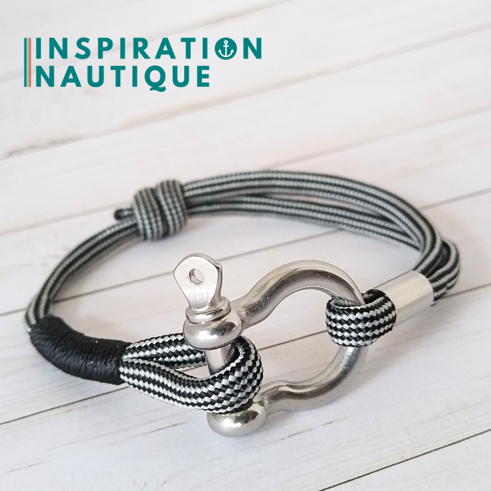 Bracelet marin avec manille en paracorde 550 et acier inoxydable, ajustable, noir et argenté, ligné, surliure noire, Medium