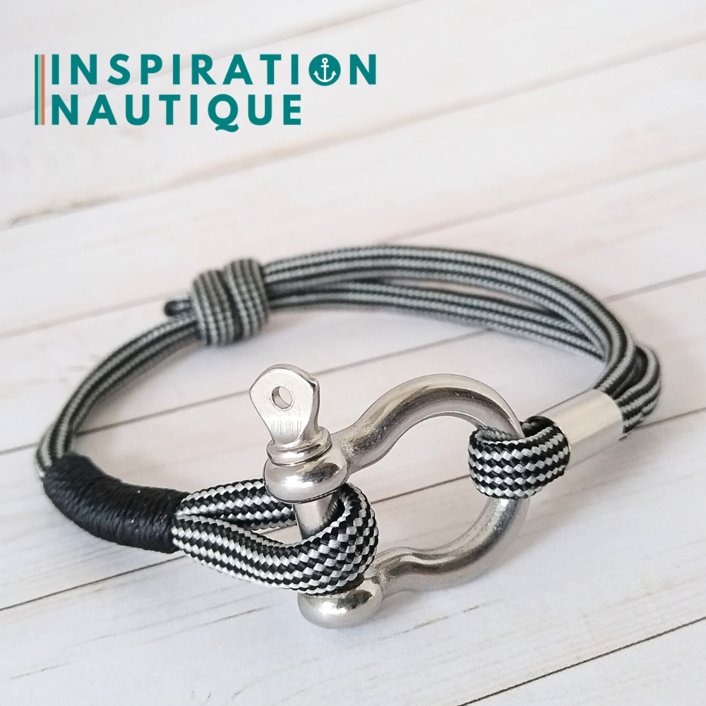 Bracelet marin avec manille en paracorde 550 et acier inoxydable, ajustable, noir et argenté, ligné