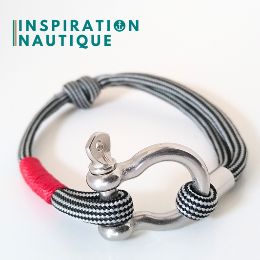 Bracelet marin avec manille en paracorde 550 et acier inoxydable, ajustable, noir et argenté, ligné, surliure rouge, Medium