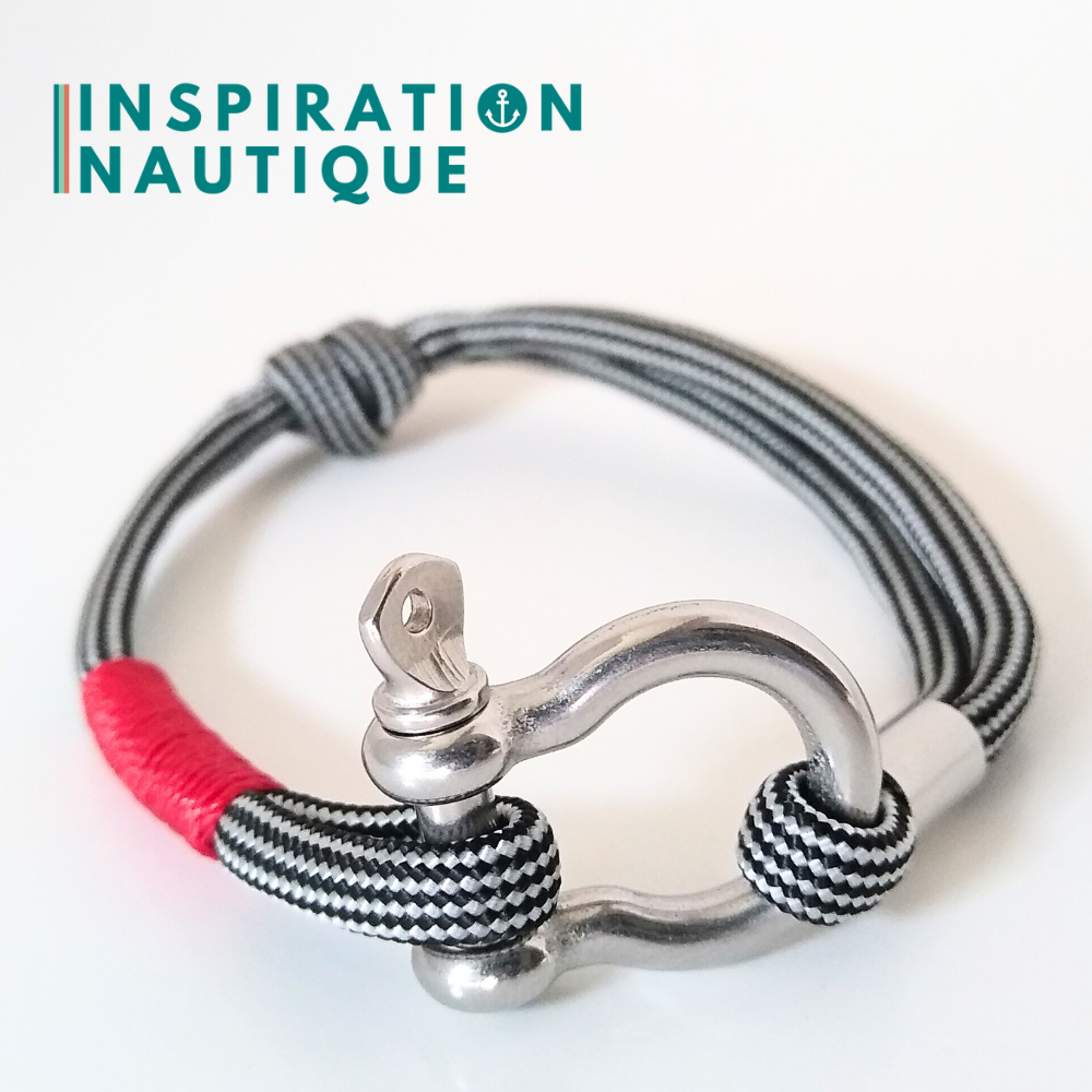 Bracelet marin avec manille en paracorde 550 et acier inoxydable, ajustable, noir et argenté, ligné