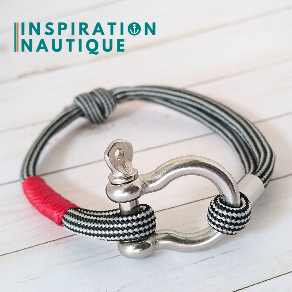 Bracelet marin avec manille en paracorde 550 et acier inoxydable, ajustable, noir et argenté, ligné, surliure rouge, Medium