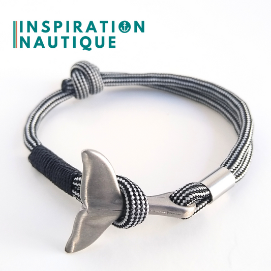 Bracelet marin avec queue de baleine en paracorde 550 et acier inoxydable, ajustable,  Noir et argenté ligné, surliure noire, Medium