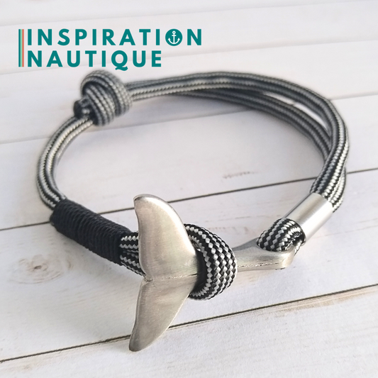 Bracelet marin avec queue de baleine en paracorde 550 et acier inoxydable, ajustable,  Noir et argenté ligné