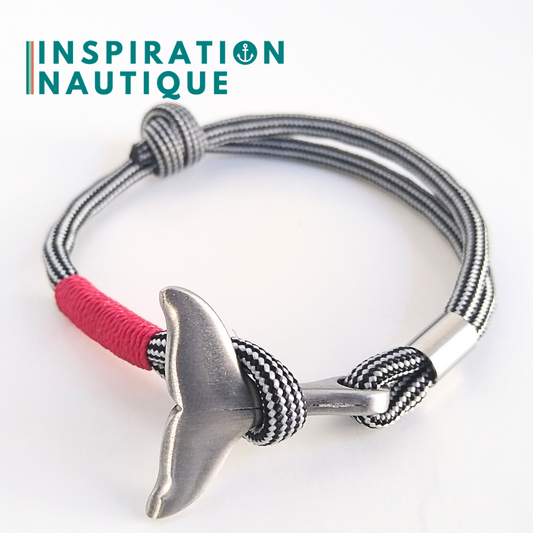 Bracelet marin avec queue de baleine en paracorde 550 et acier inoxydable, ajustable,  Noir et argenté ligné, surliure rouge, Medium