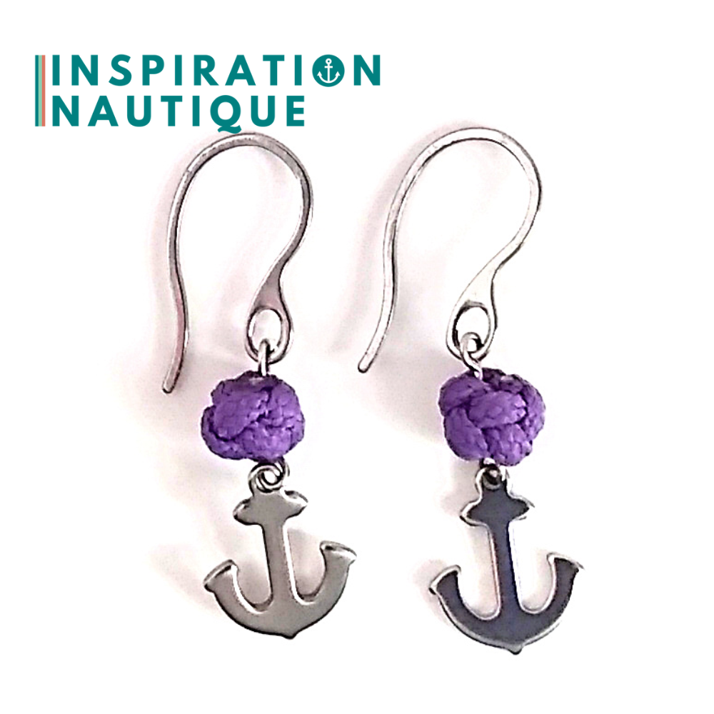 Boucles d'oreilles avec bille en corde et ancre en acier inoxydable, Lilas