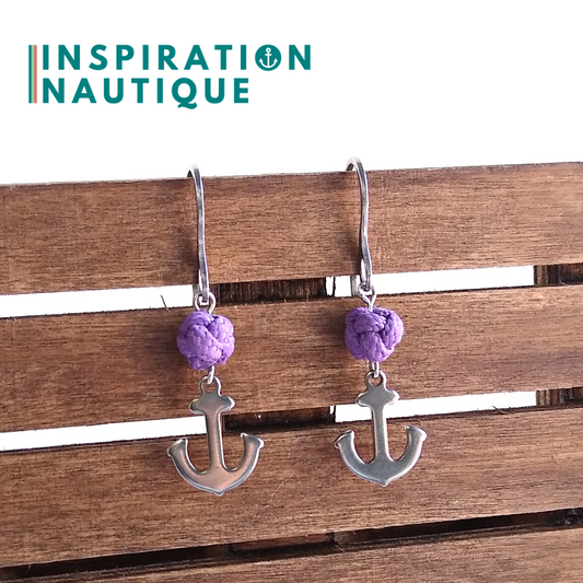 Boucles d'oreilles avec bille en corde et ancre en acier inoxydable, Lilas