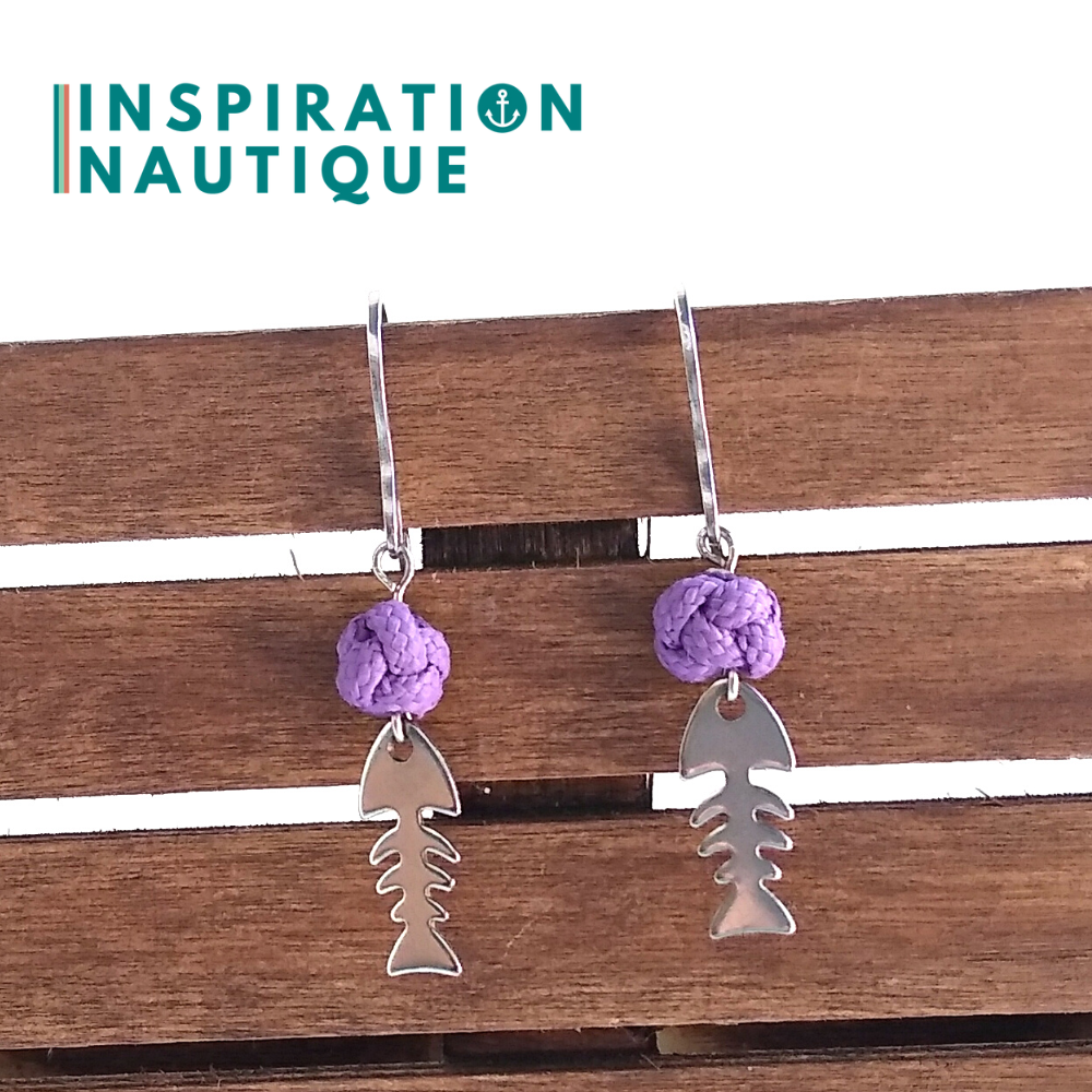 Boucles d'oreilles avec bille en corde et poisson en acier inoxydable, Lilas