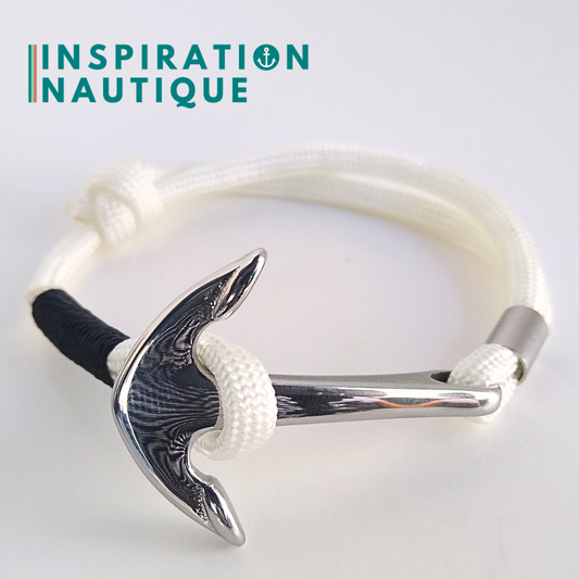 Bracelet marin avec ancre en paracorde 550 et acier inoxydable, ajustable, Blanc, surliure noire, Medium