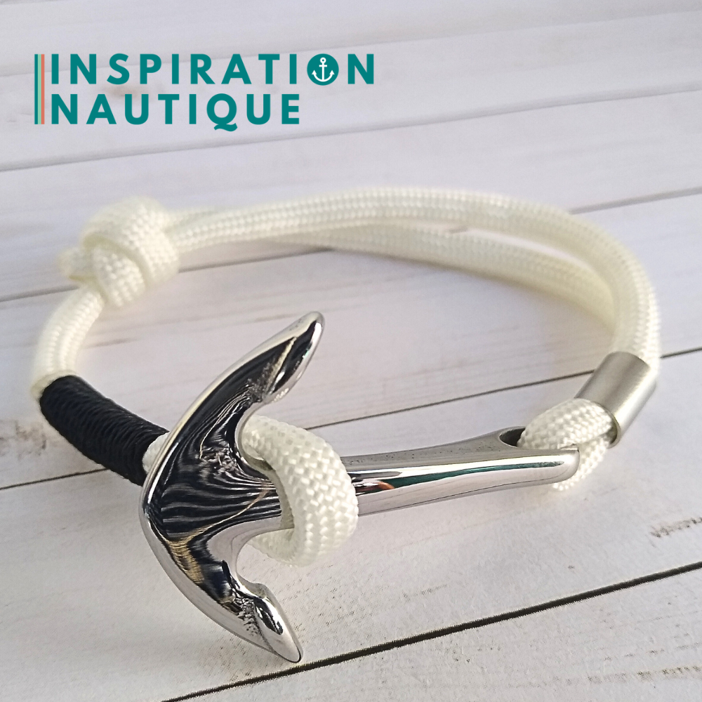 Bracelet marin avec ancre en paracorde 550 et acier inoxydable, ajustable, Blanc, surliure noire, Medium