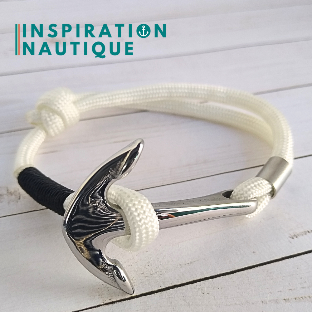 Adjustable anchor bracelet, White, black binding, Medium | Ready to go