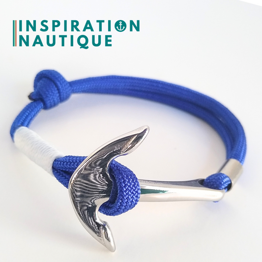 Bracelet marin avec ancre en paracorde 550 et acier inoxydable, ajustable, Bleu, surliure blanche, Medium
