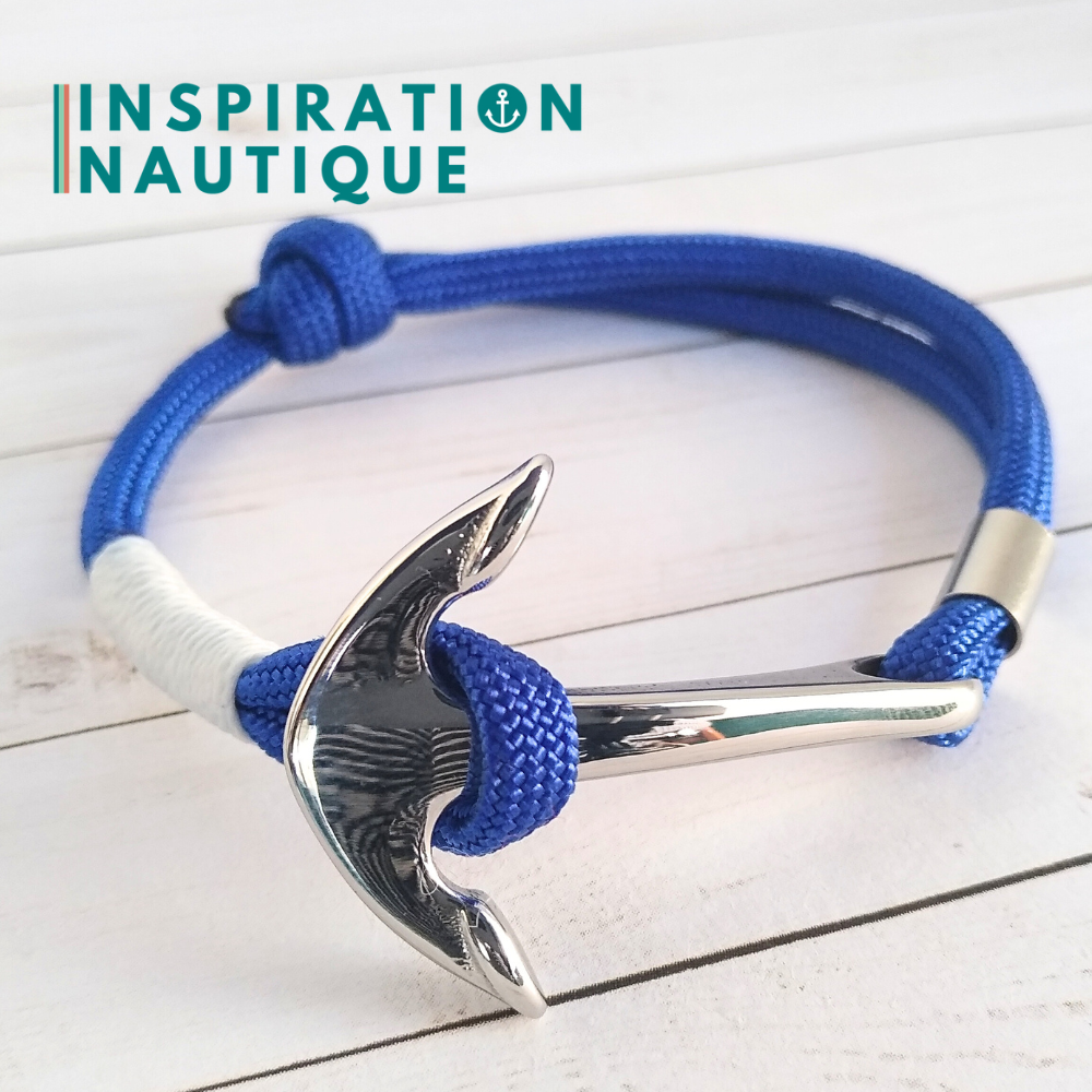 Bracelet marin avec ancre en paracorde 550 et acier inoxydable, ajustable, Bleu, surliure blanche, Medium