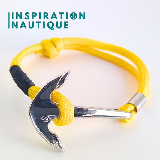 Bracelet marin avec ancre en paracorde 550 et acier inoxydable, ajustable, Jaune, surliure noire, Medium