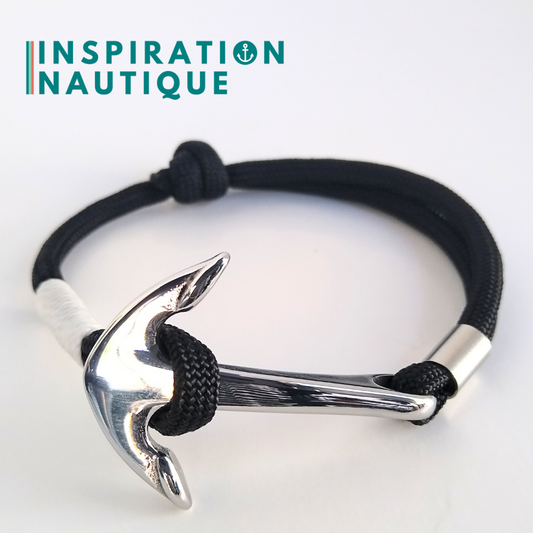 Bracelet marin avec ancre en paracorde 550 et acier inoxydable, ajustable, Noir, surliure blanche, Medium