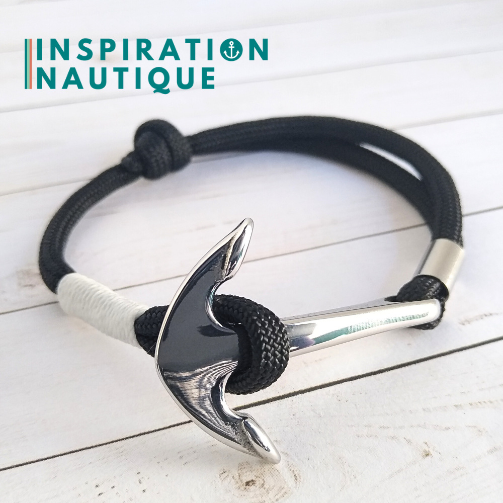 Bracelet marin avec ancre en paracorde 550 et acier inoxydable, ajustable, Noir, surliure blanche, Medium