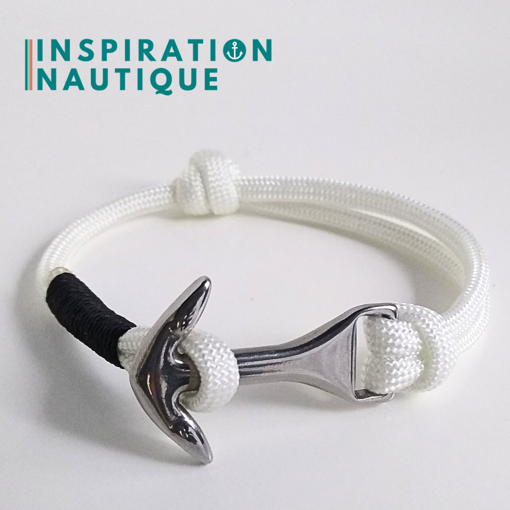 Bracelet ancre moyenne ajustable, Blanc, surliure noire, Medium