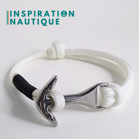 Bracelet marin avec ancre moyenne en paracorde 550 et acier inoxydable, ajustable, Blanc, surliure noire, Medium