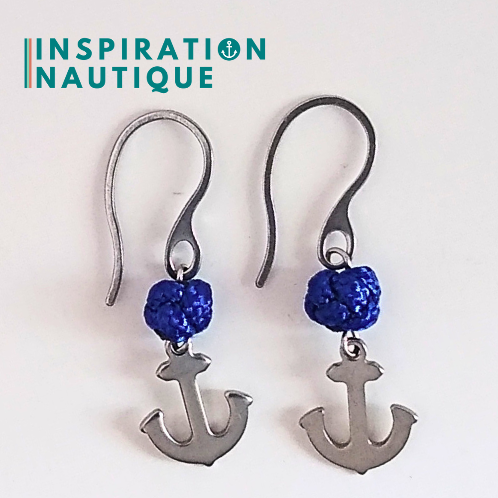 Boucles d'oreilles avec bille en corde et ancre en acier inoxydable, Bleu