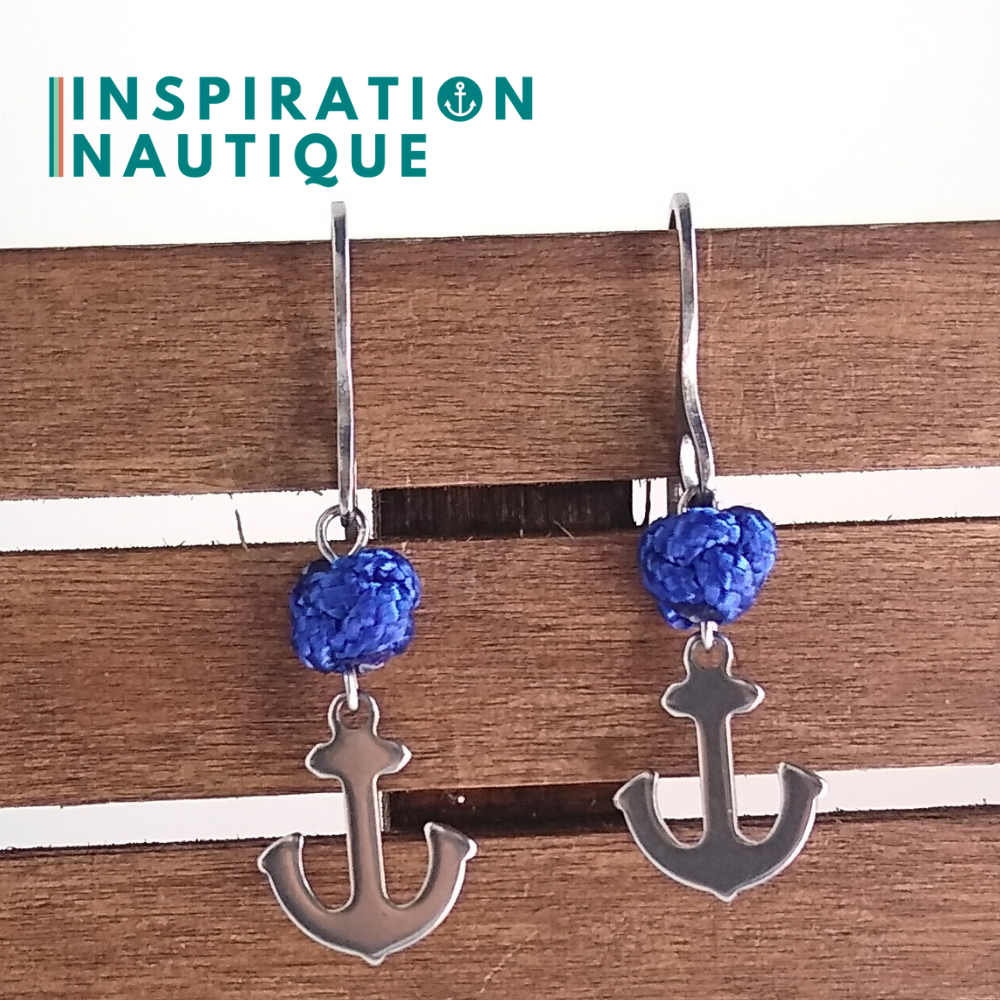 Boucles d'oreilles avec bille en corde et ancre en acier inoxydable, Bleu