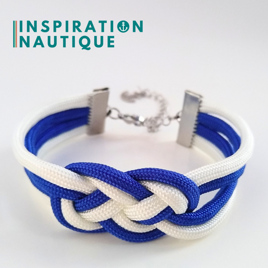 Bracelet marin avec noeud de carrick double unisexe, en paracorde 550 et acier inoxydable, Bleu et blanc, Medium