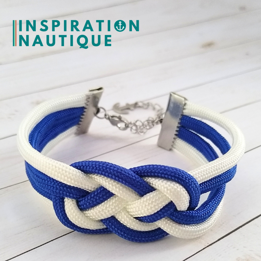 Bracelet marin avec noeud de carrick double unisexe, en paracorde 550 et acier inoxydable, Bleu et blanc, Medium