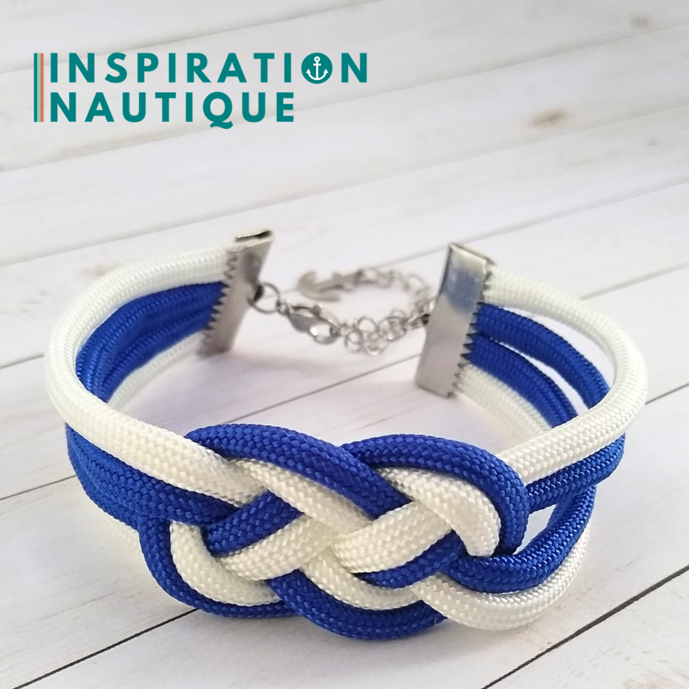 Bracelet marin avec noeud de carrick double unisexe, en paracorde 550 et acier inoxydable, Bleu et blanc