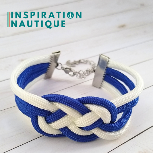 Bracelet marin avec noeud de carrick double unisexe, en paracorde 550 et acier inoxydable, Bleu et blanc