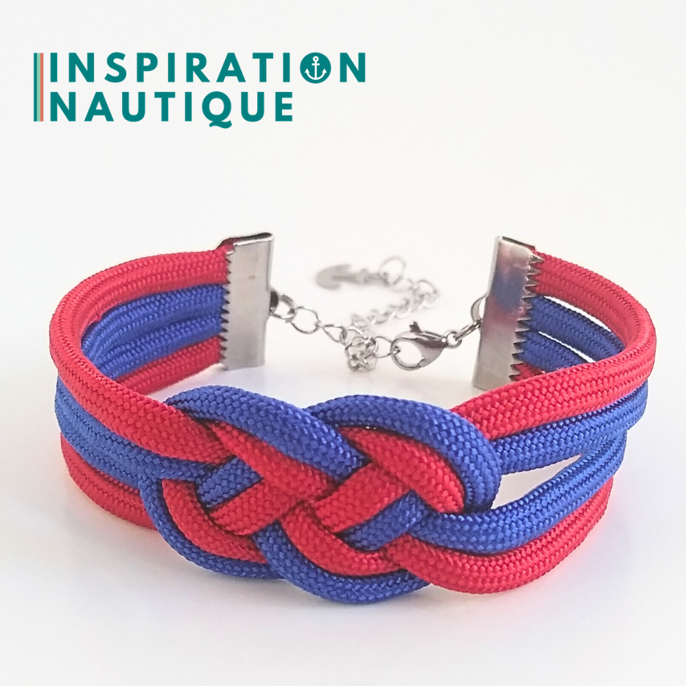 Bracelet marin avec noeud de carrick double unisexe, en paracorde 550 et acier inoxydable, Bleu et rouge