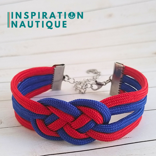 Bracelet marin avec noeud de carrick double unisexe, en paracorde 550 et acier inoxydable, Bleu et rouge