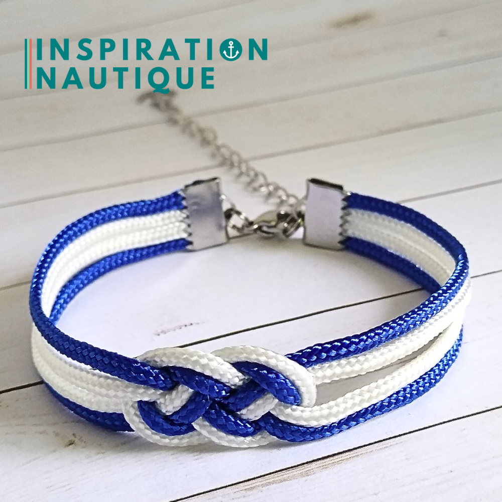 Bracelet marin avec mini noeud de carrick double, Bleu et blanc, Medium