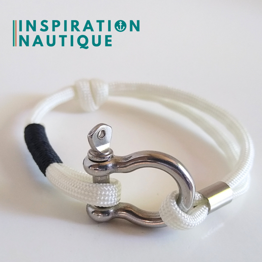 Bracelet marin avec manille en paracorde 550 et acier inoxydable, ajustable, Blanc, surliure noire, Medium