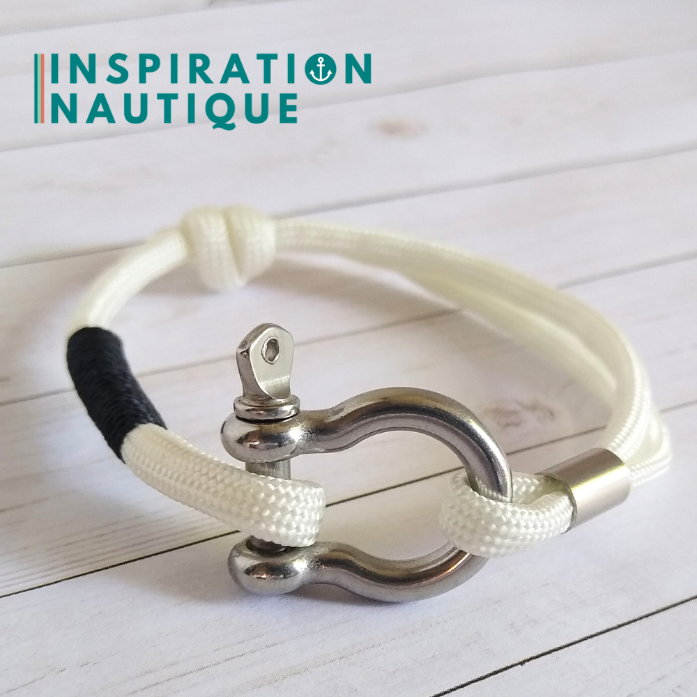 Bracelet marin avec manille en paracorde 550 et acier inoxydable, ajustable, Blanc, surliure noire, Medium