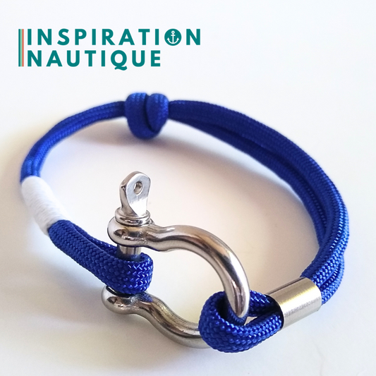 Bracelet marin avec manille en paracorde 550 et acier inoxydable, ajustable, Bleu, surliure blanche, Medium